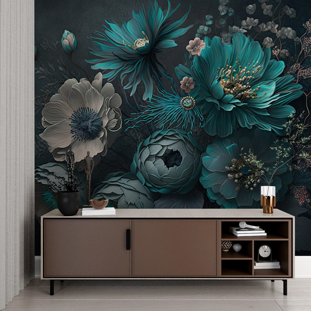 Flores verde-azuladas em verde-escuro — interior 5