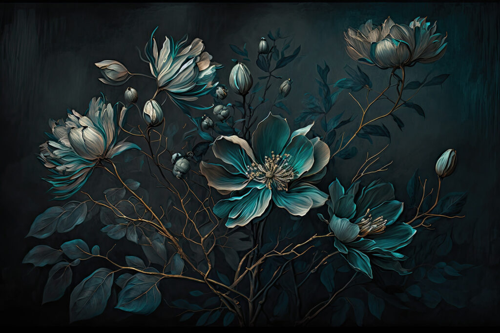 Flores turquesa em hastes — design completo
