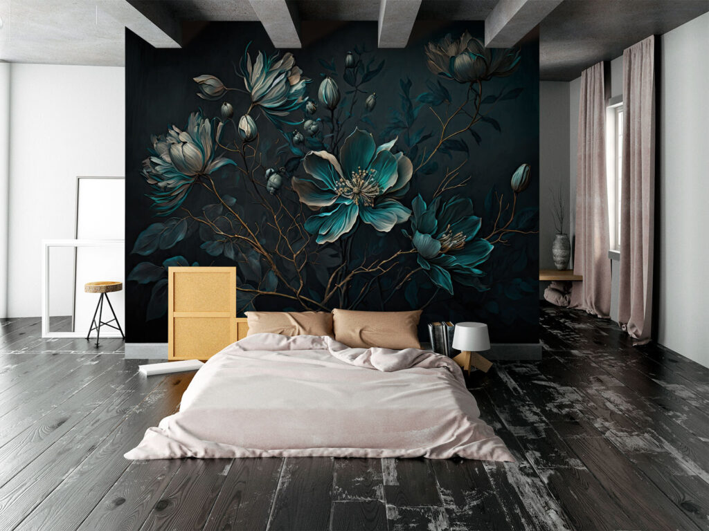 Flores turquesa em hastes — interior 1