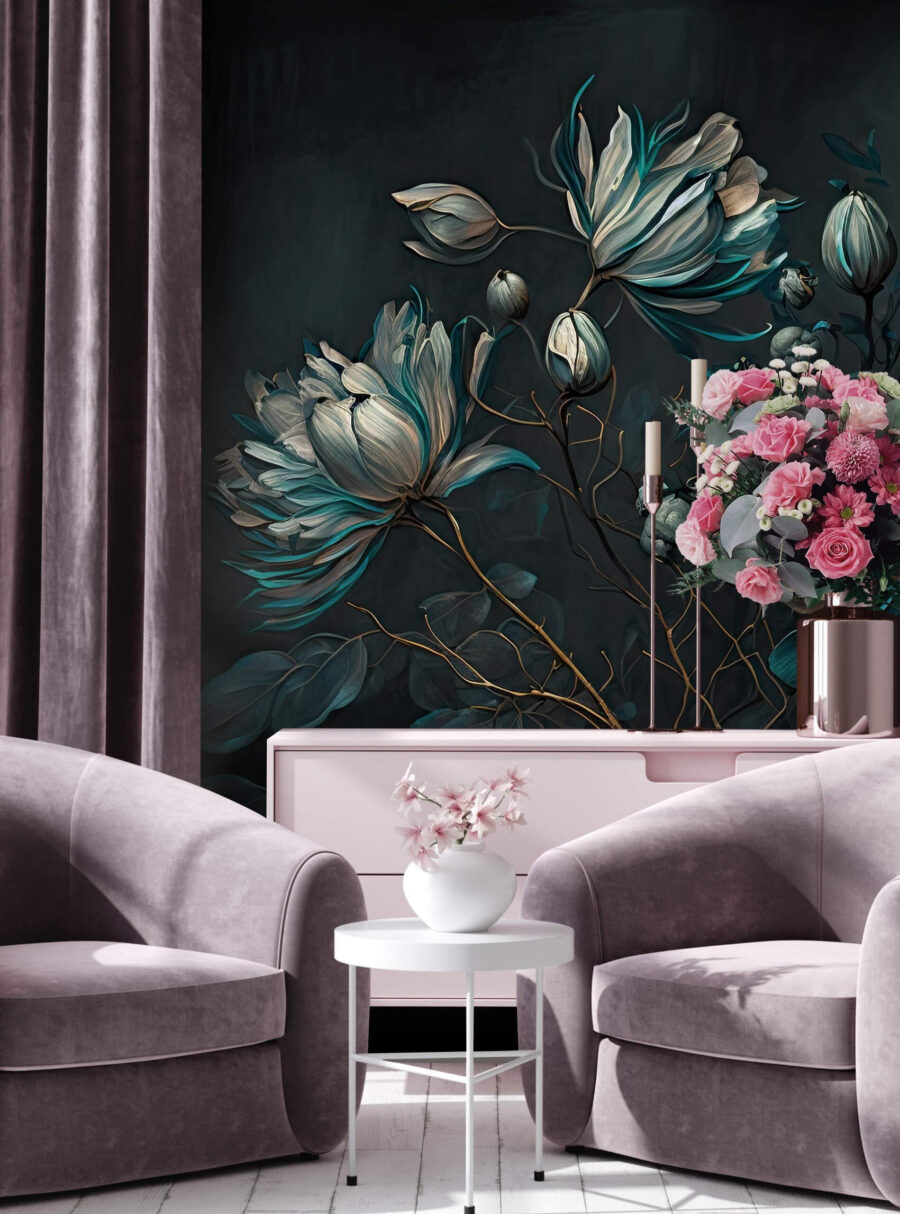Flores turquesa em hastes — interior 2