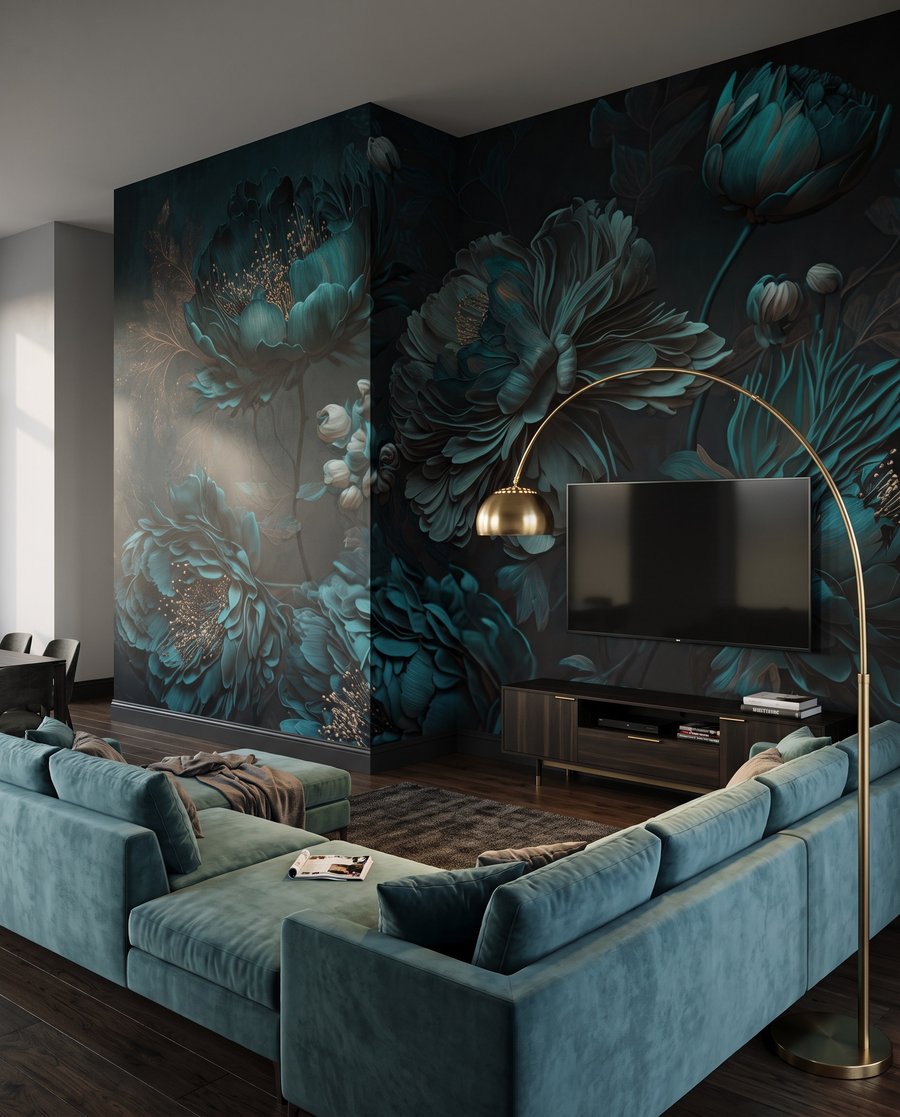 Flores em turquesa noturno — interior 4