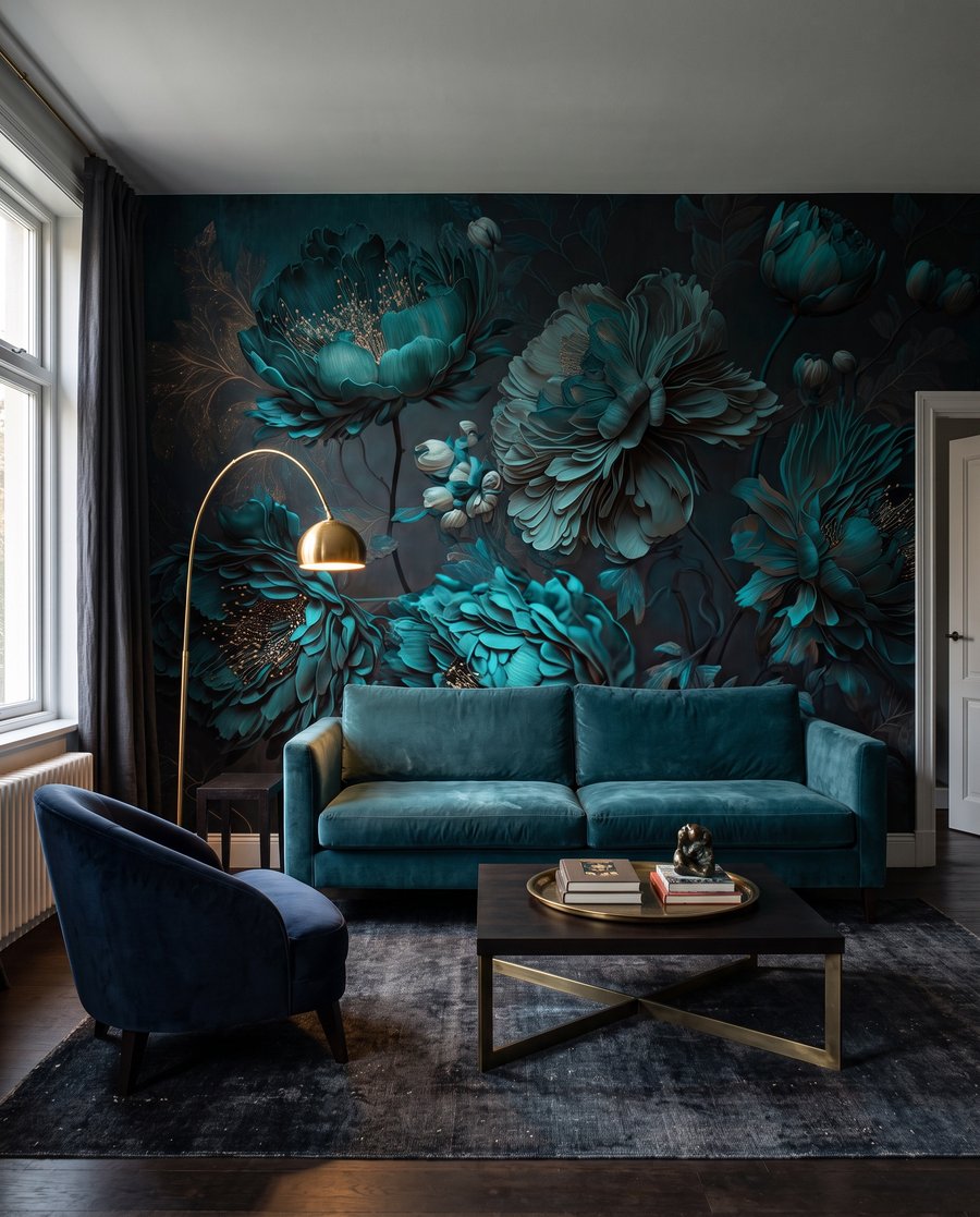 Flores em turquesa noturno — interior 5