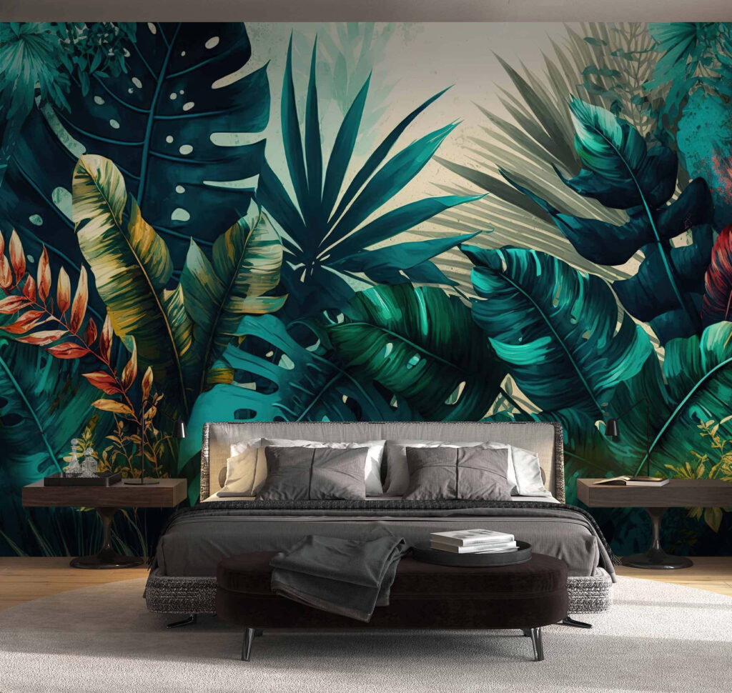 Plantas tropicais iluminadas num interior