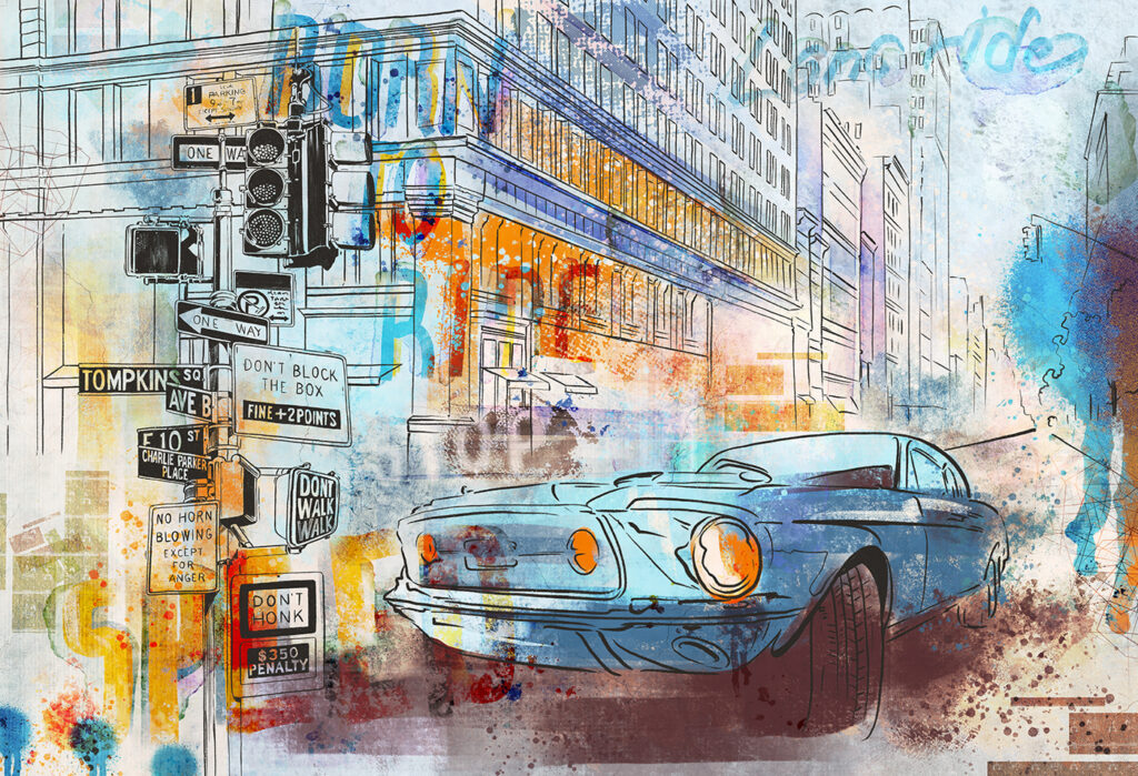 Carro clássico na cidade — design completo