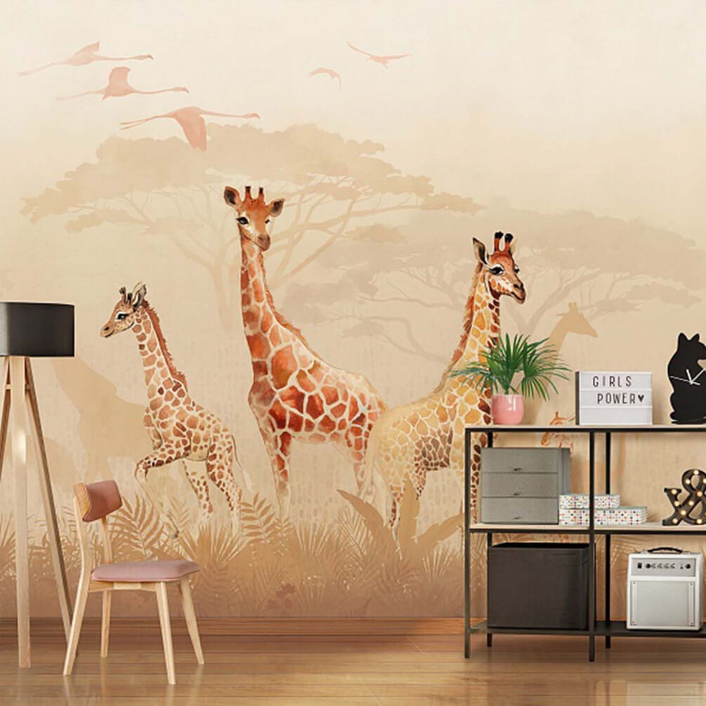 Girafas na névoa matinal num interior