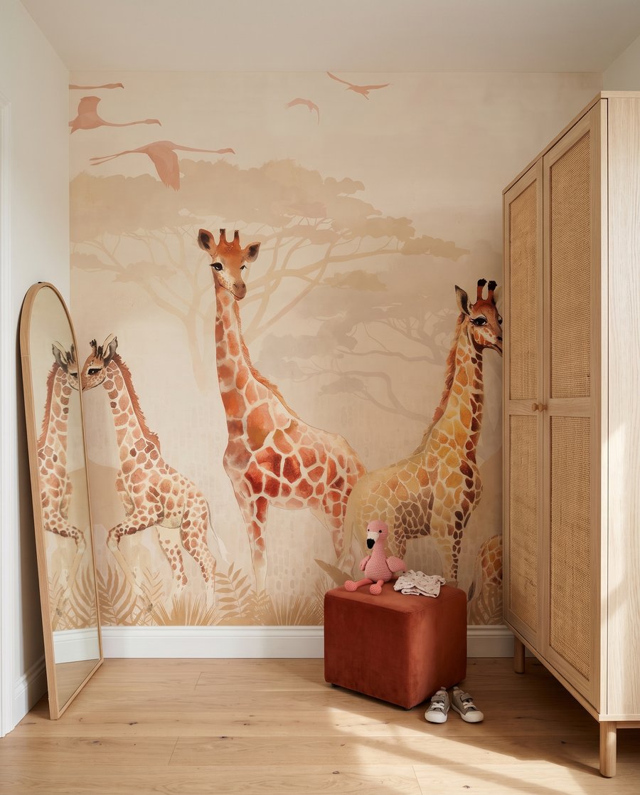 Girafas na névoa matinal num interior