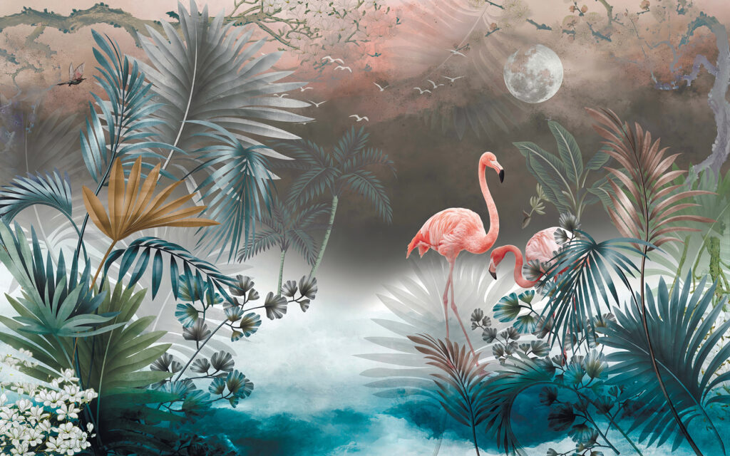 Flamingos em névoa turquesa — design completo