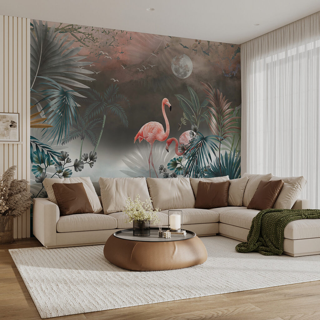 Flamingos em névoa turquesa — interior 5