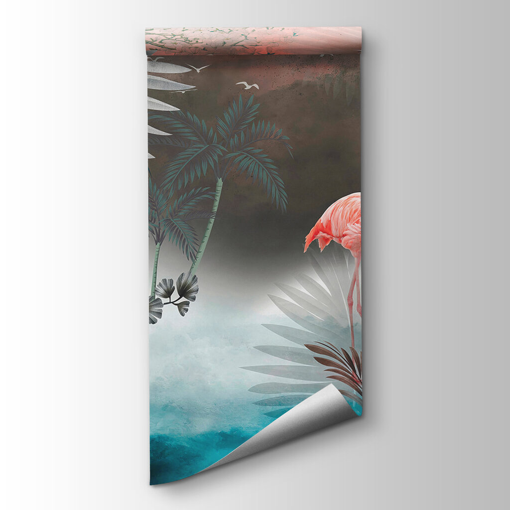 Flamingos em névoa turquesa — vista do produto