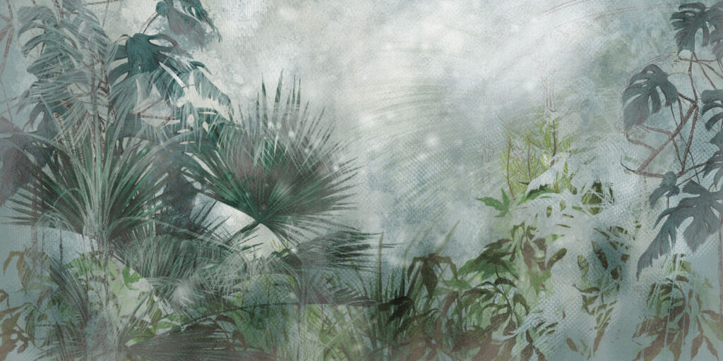 Folhas tropicais na névoa — design completo