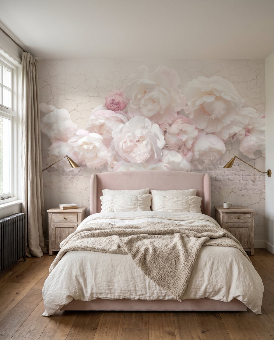 Rosas sobre branco rachado num interior
