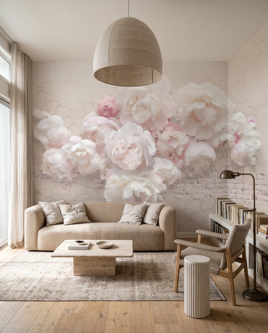 Rosas sobre branco rachado num interior