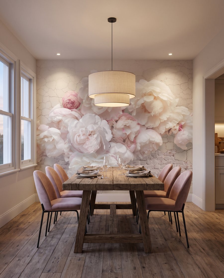 Rosas sobre branco rachado num interior