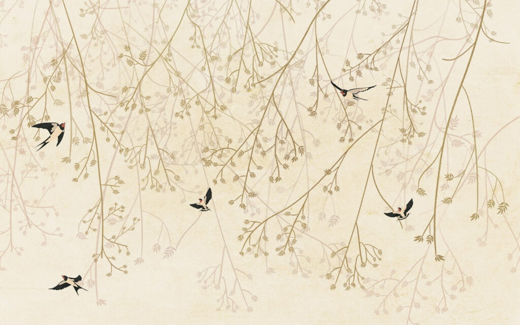 Aves entre ramos finos — design completo