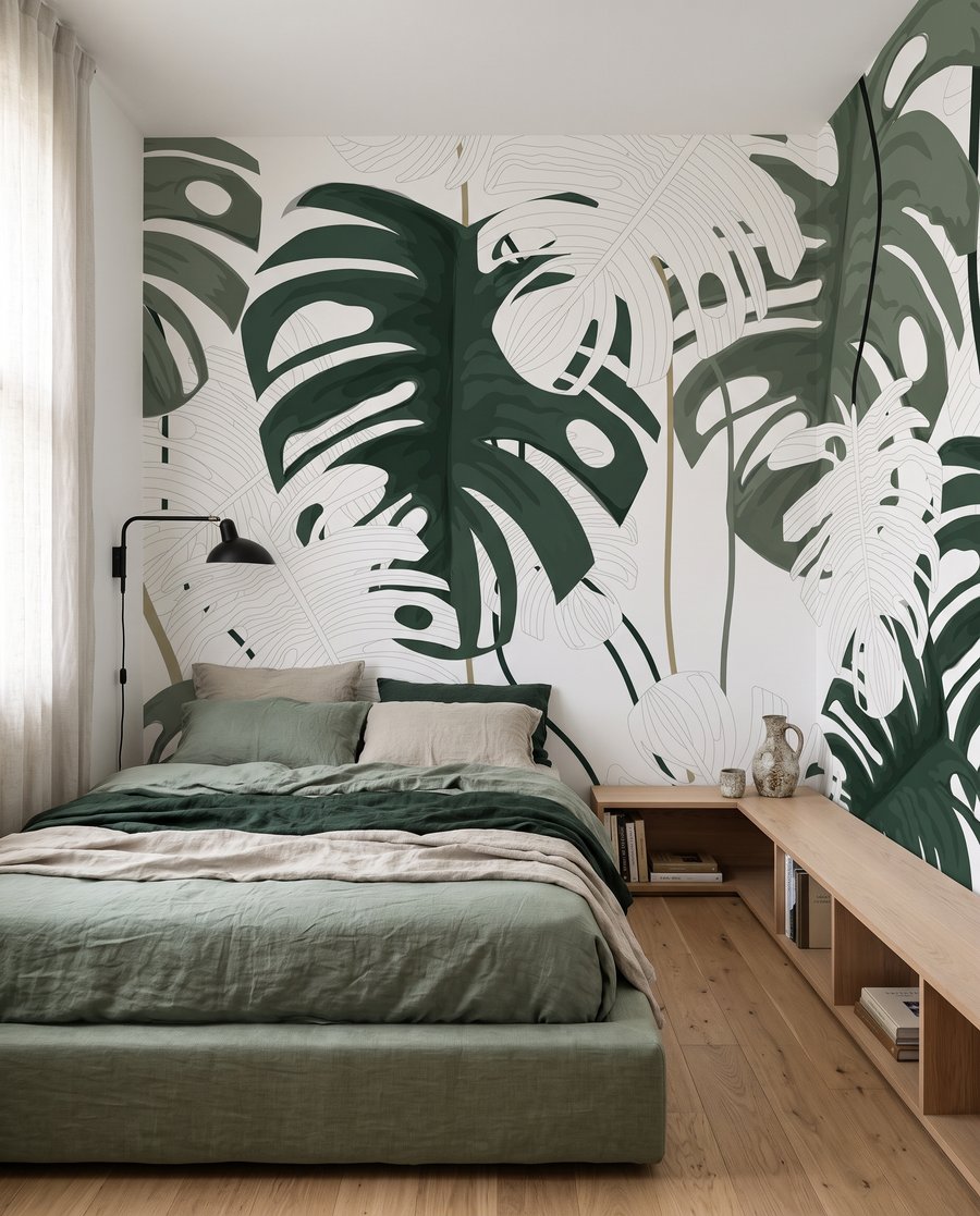 Folhas verdes sobre branco num interior