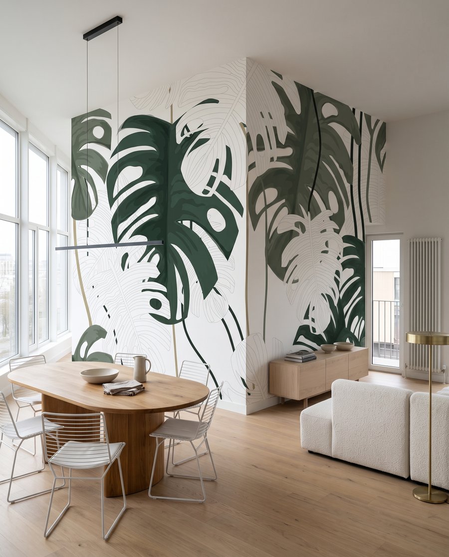 Folhas verdes sobre branco num interior