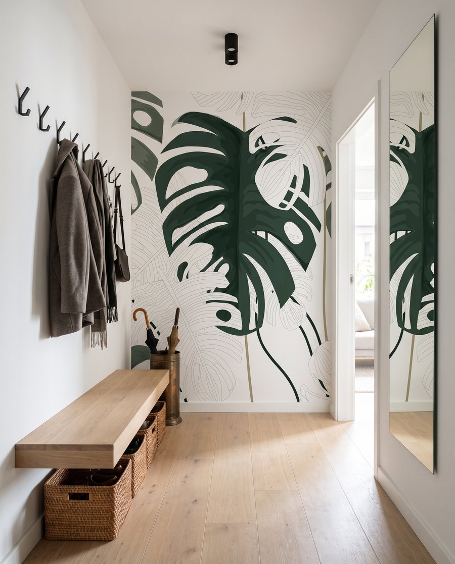 Folhas verdes sobre branco num interior
