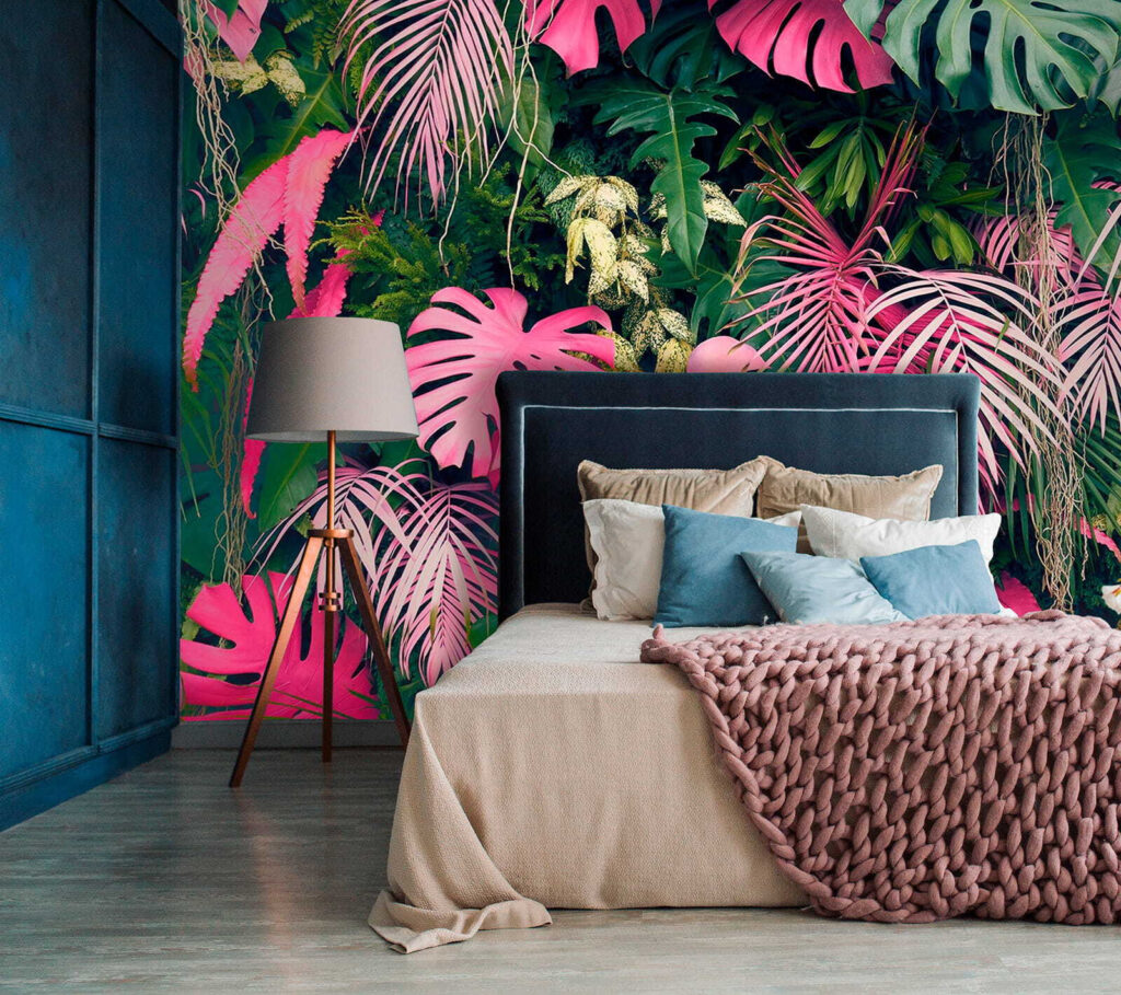 Folhas cor-de-rosa em profundidade num interior