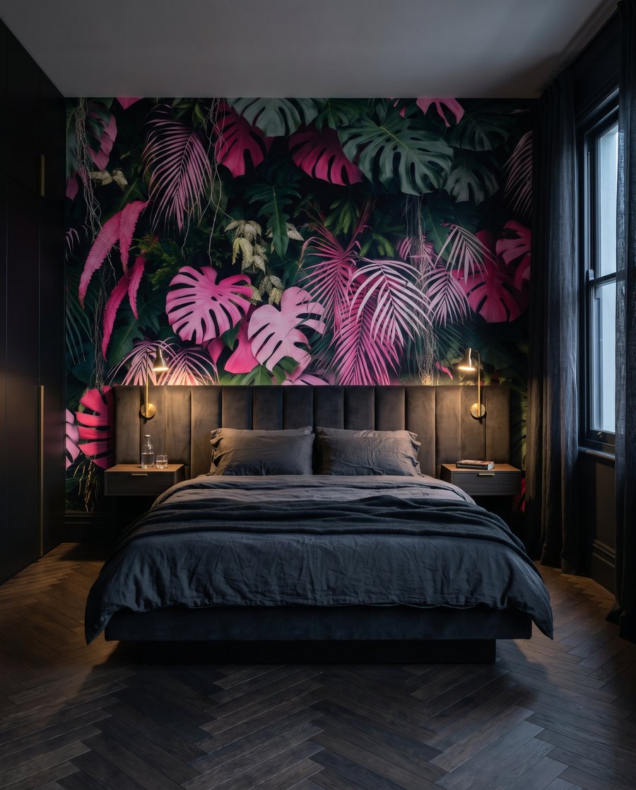 Folhas cor-de-rosa em profundidade num interior