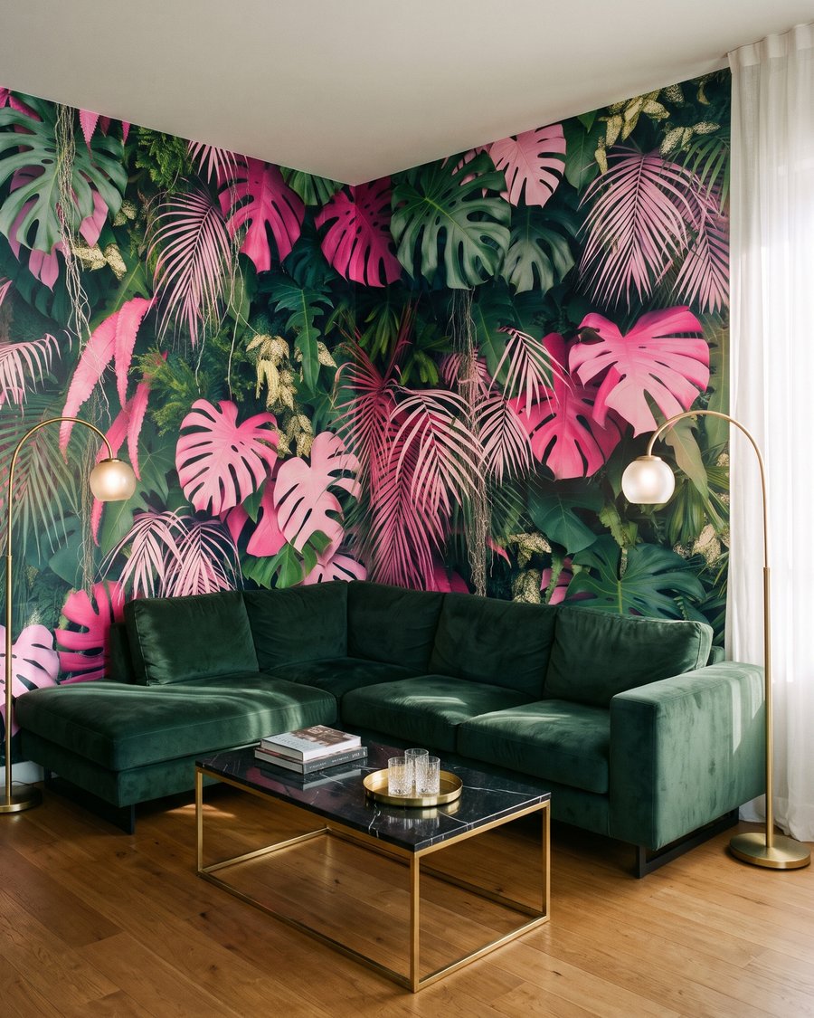 Folhas cor-de-rosa em profundidade num interior