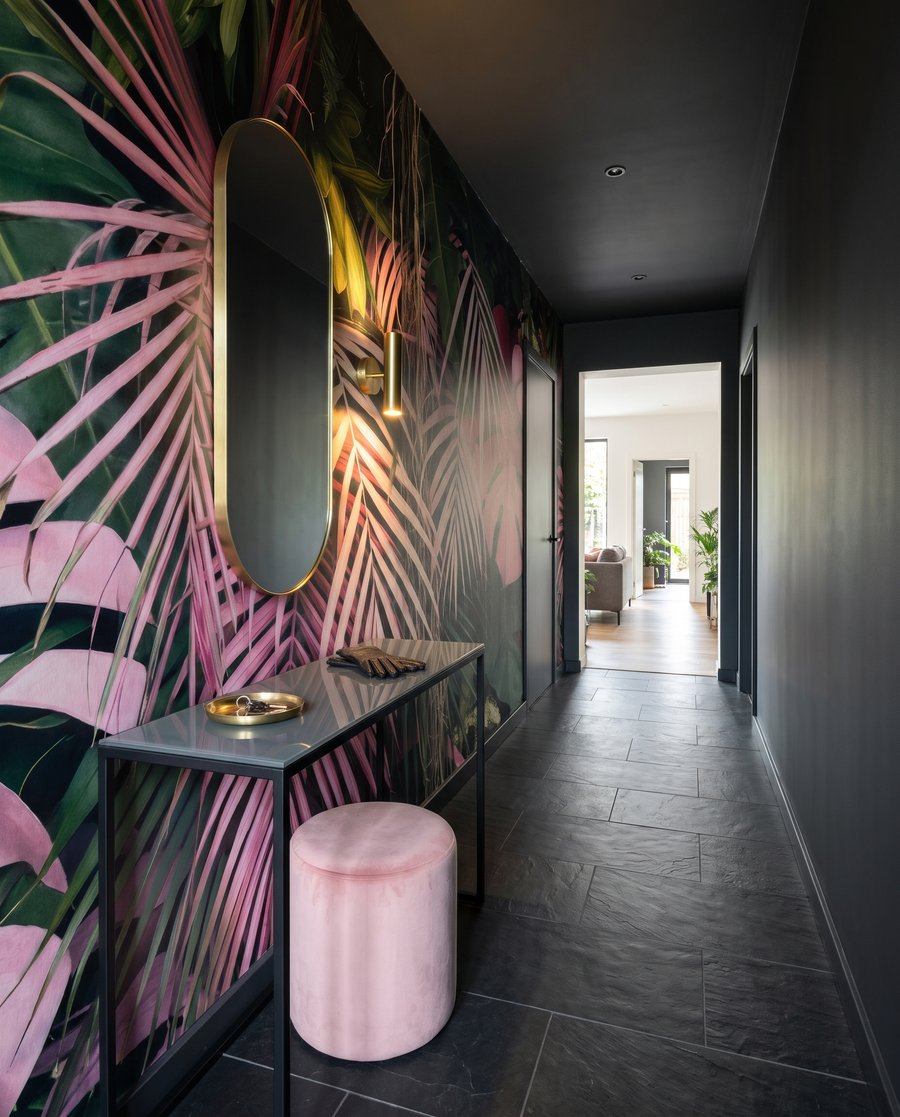 Folhas cor-de-rosa em profundidade num interior