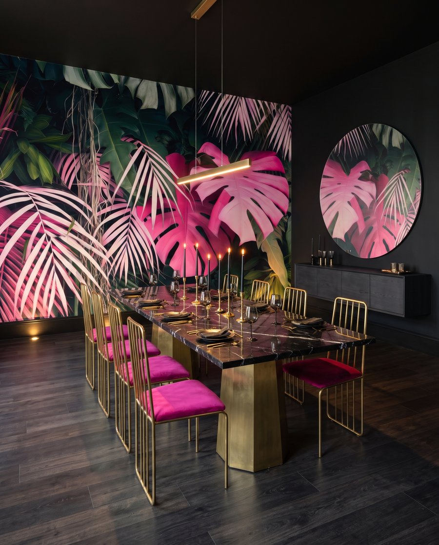 Folhas cor-de-rosa em profundidade num interior