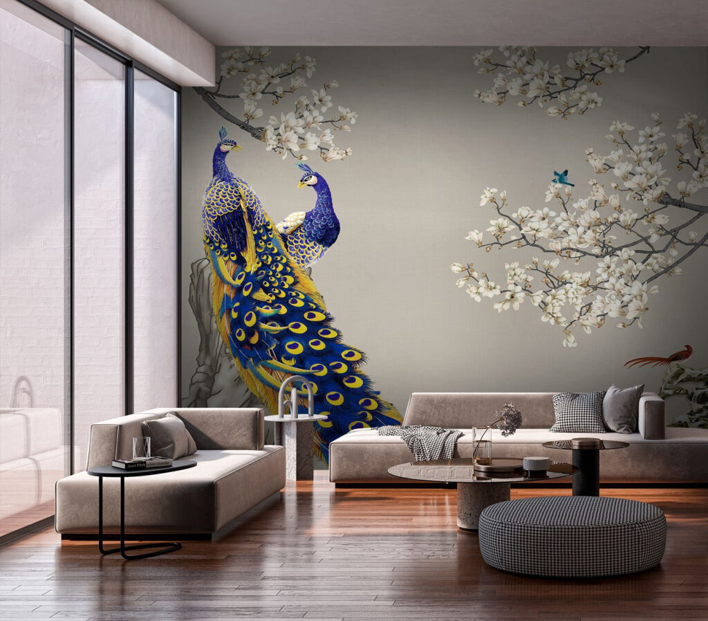Pavões entre flores brancas — interior 2