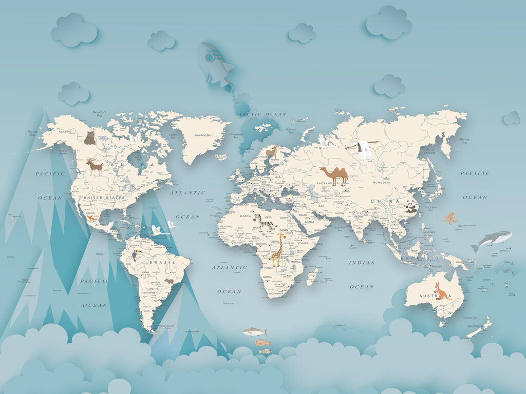 Mapa-mundo entre montanhas — design completo