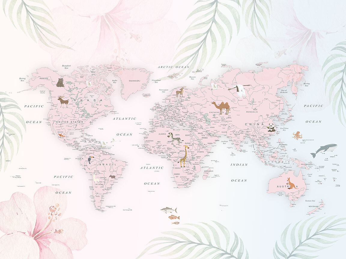 Mapa-mundo entre folhas pastel — design completo