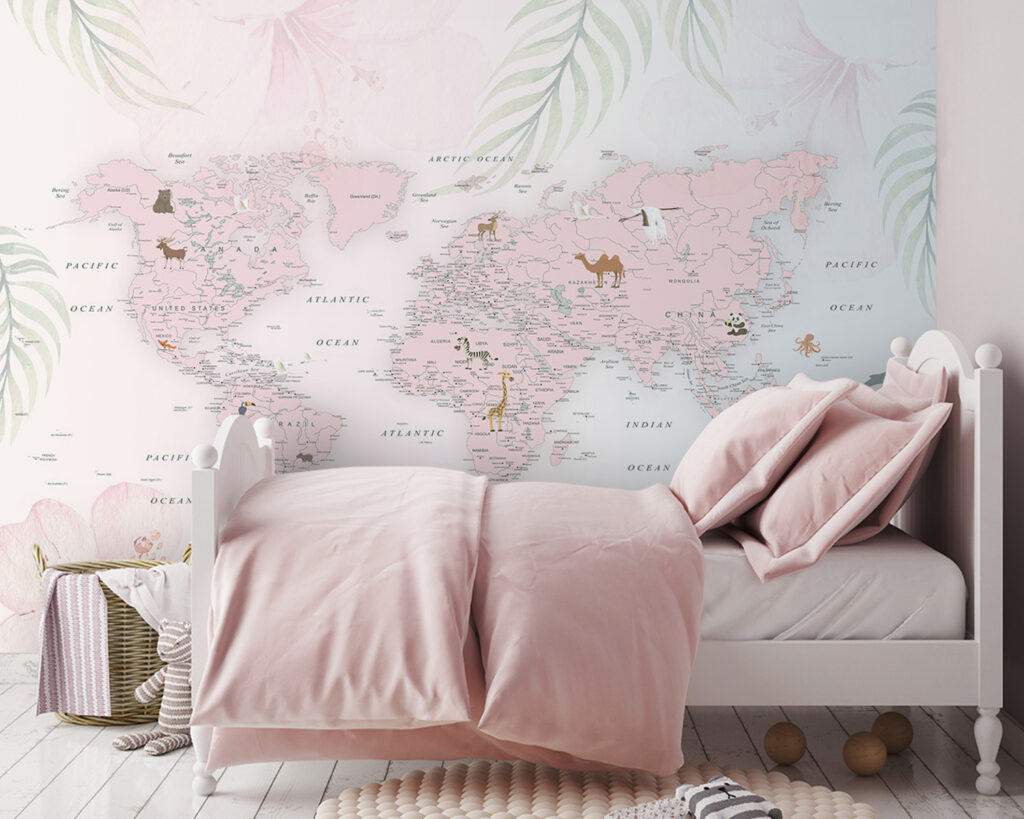Mapa-mundo entre folhas pastel — interior 2