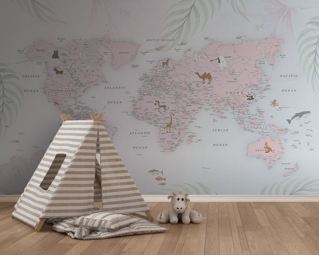 Mapa-mundo entre folhas pastel — interior 4
