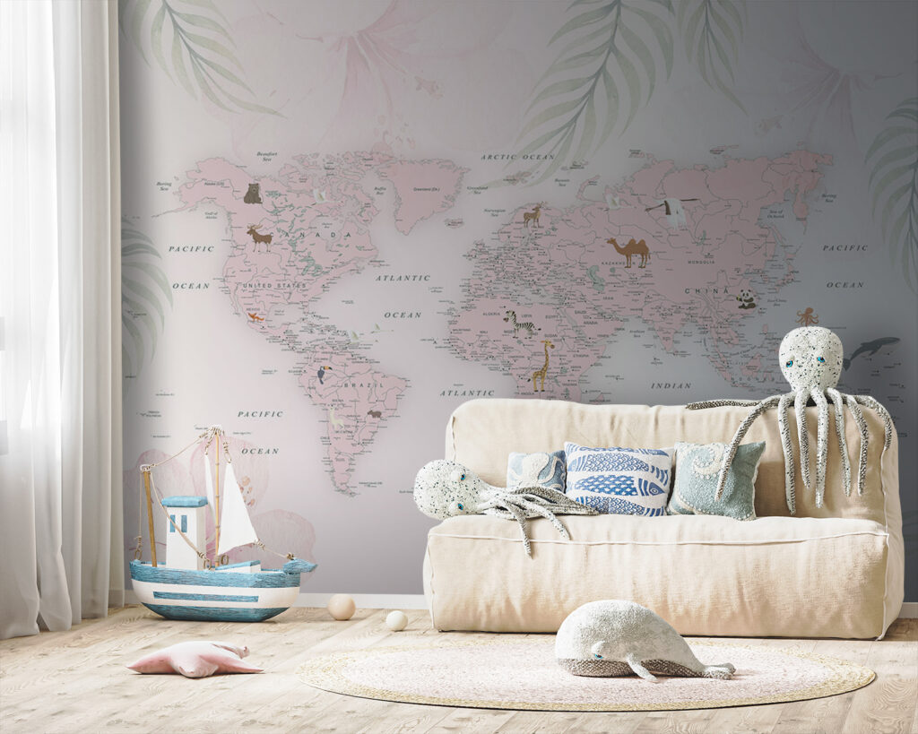 Mapa-mundo entre folhas pastel — interior 5