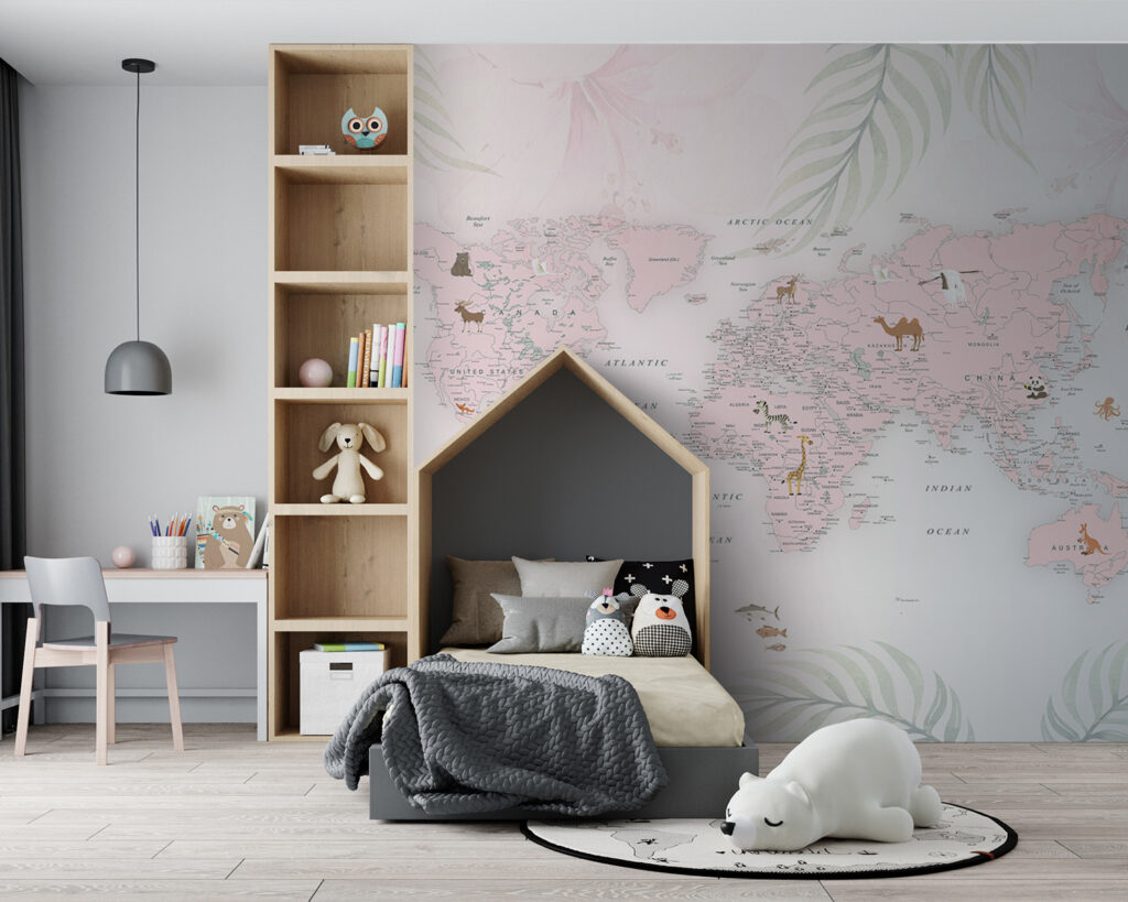 Mapa-mundo entre folhas pastel — interior 6