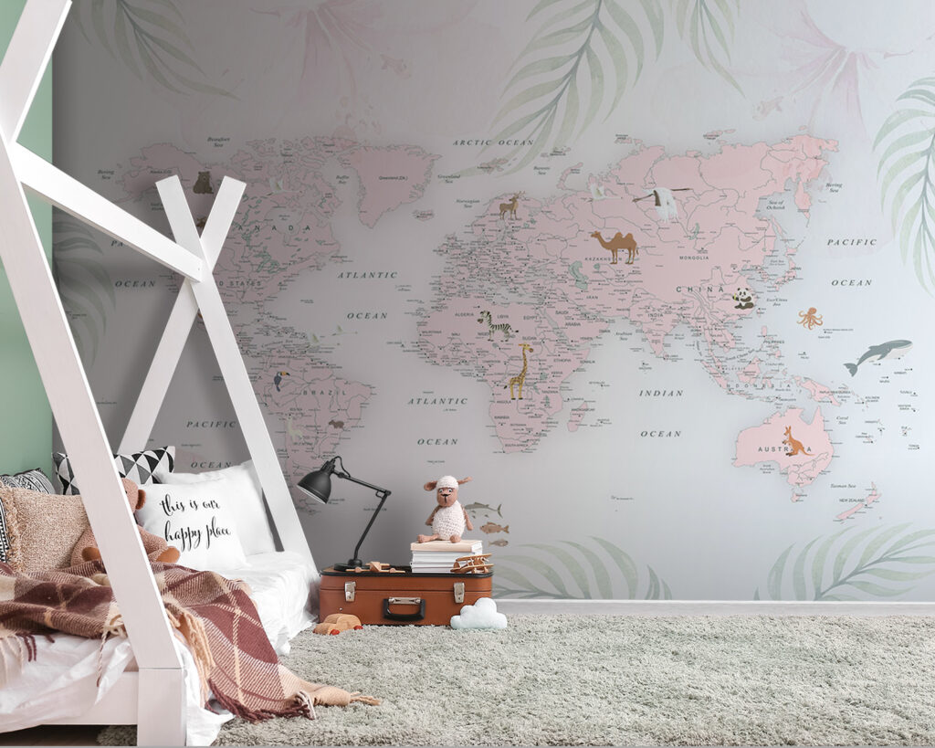 Mapa-mundo entre folhas pastel — interior 7