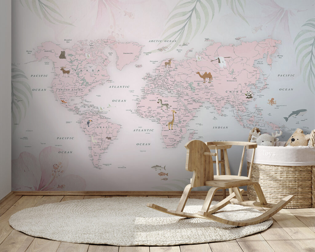 Mapa-mundo entre folhas pastel — interior 8