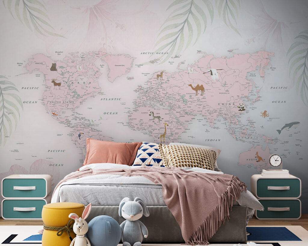 Mapa-mundo entre folhas pastel — interior 9