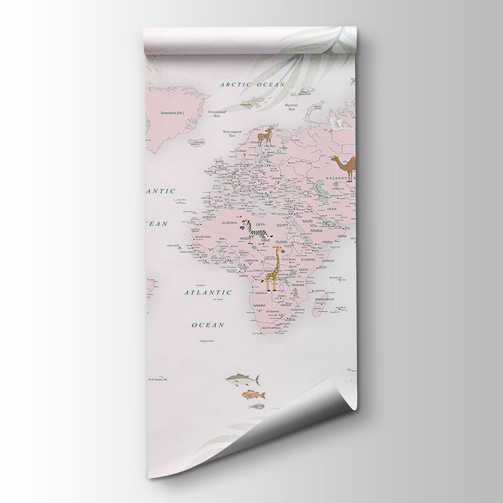 Mapa-mundo entre folhas pastel — vista do produto
