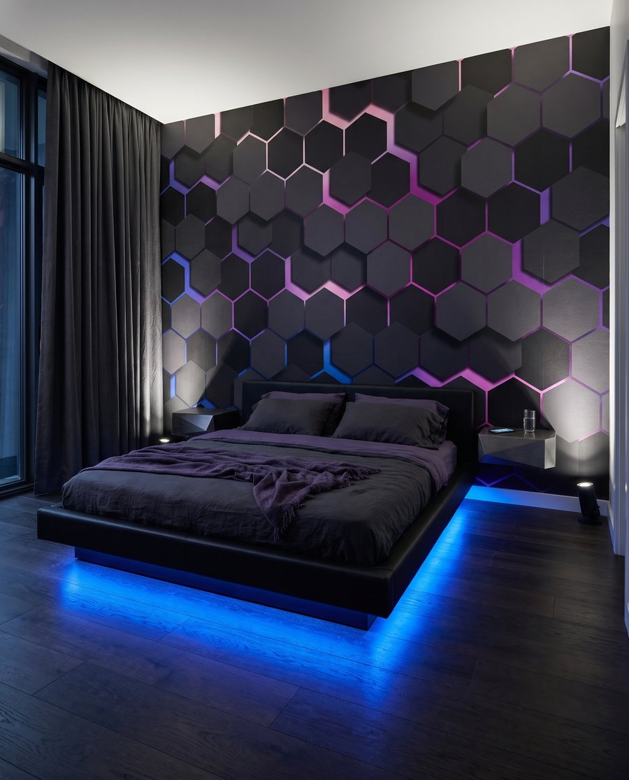 Hexágonos escuros com luz — interior 1