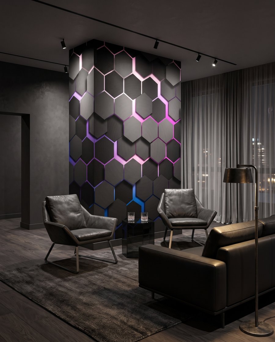 Hexágonos escuros com luz — interior 4