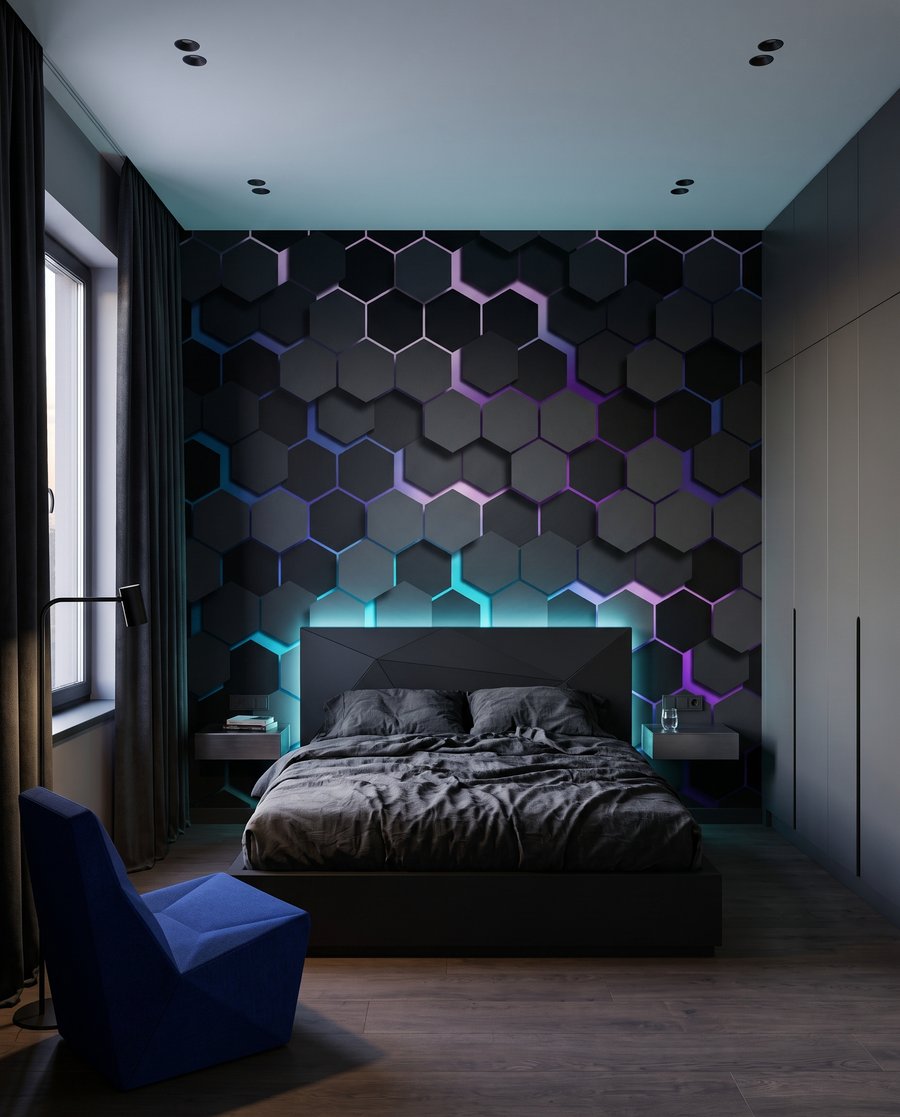 Hexágonos escuros com luz num interior