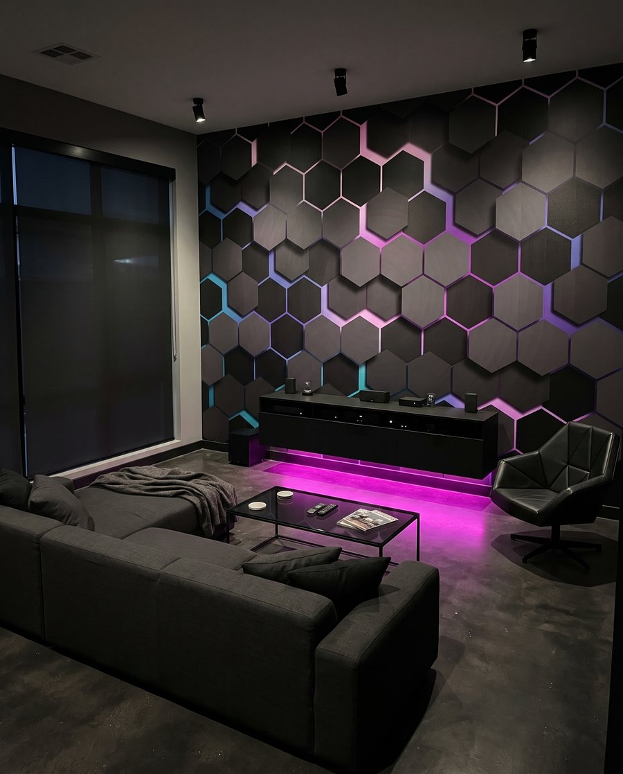 Hexágonos escuros com luz num interior