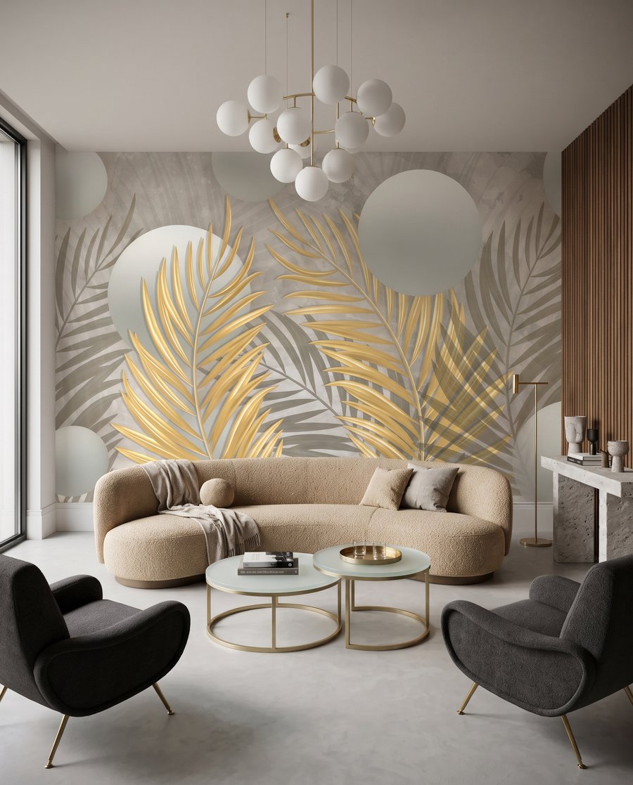 Folhas douradas e esferas num interior