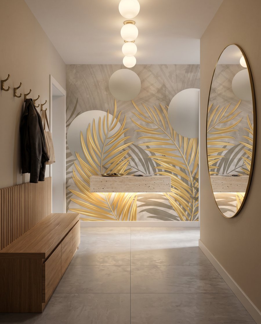Folhas douradas e esferas num interior