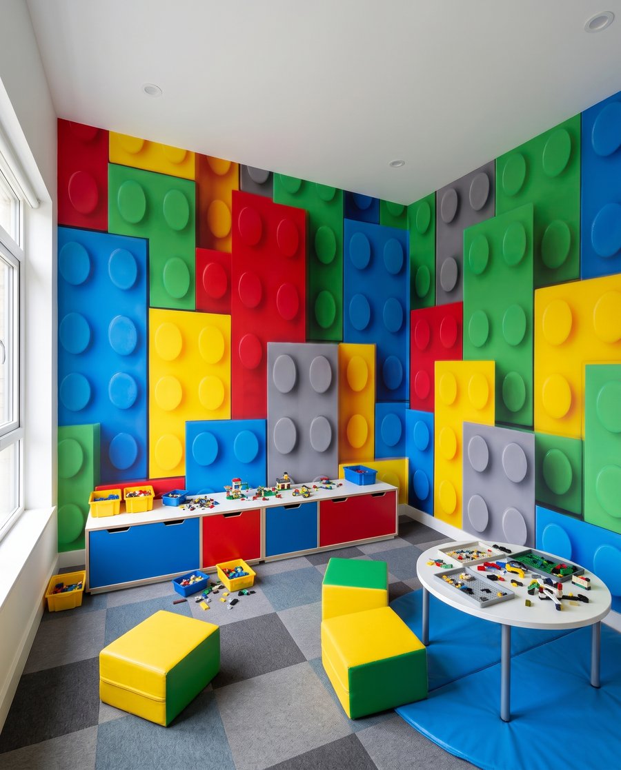 Parede de blocos coloridos num interior