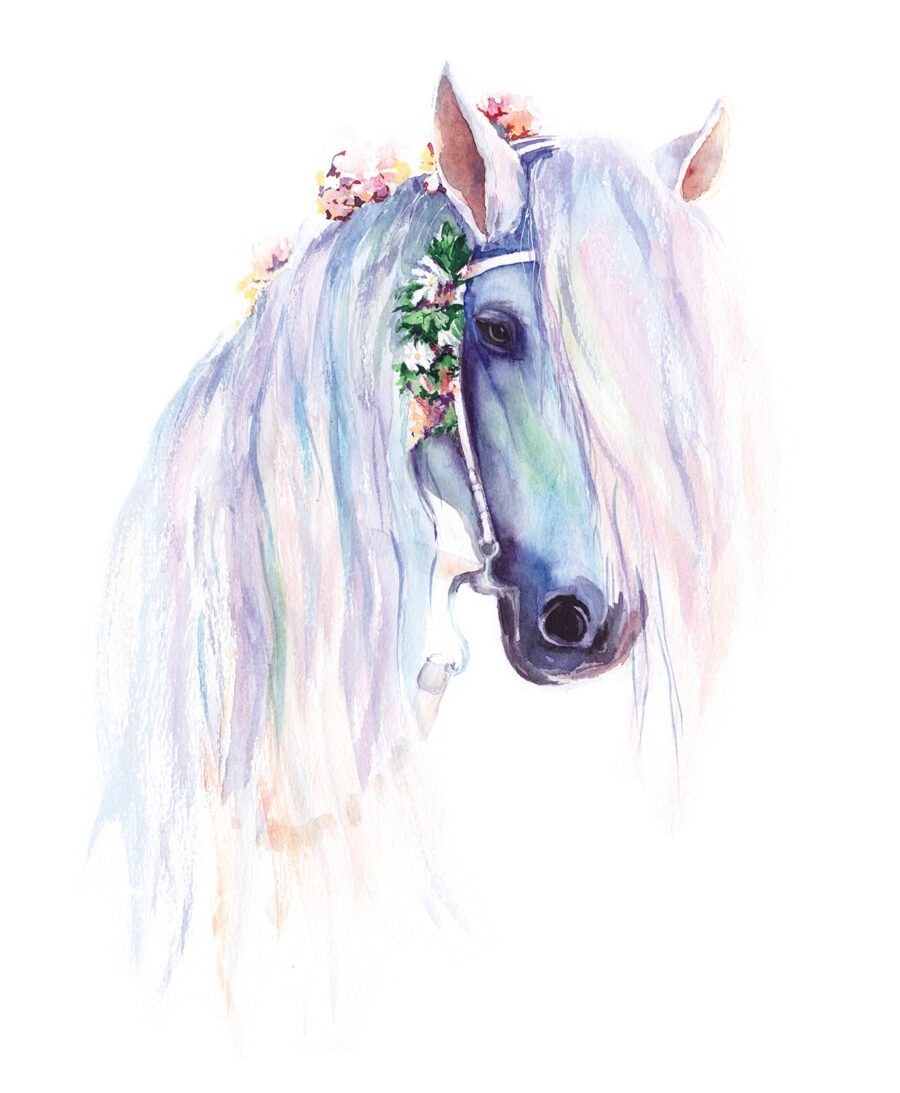 Cavalo branco com flores — design completo