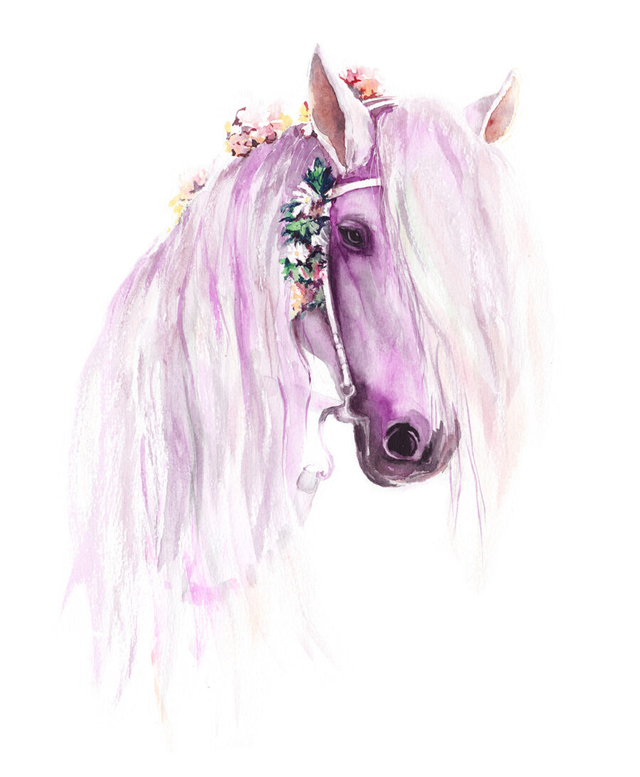 Cavalo branco com flores — design completo
