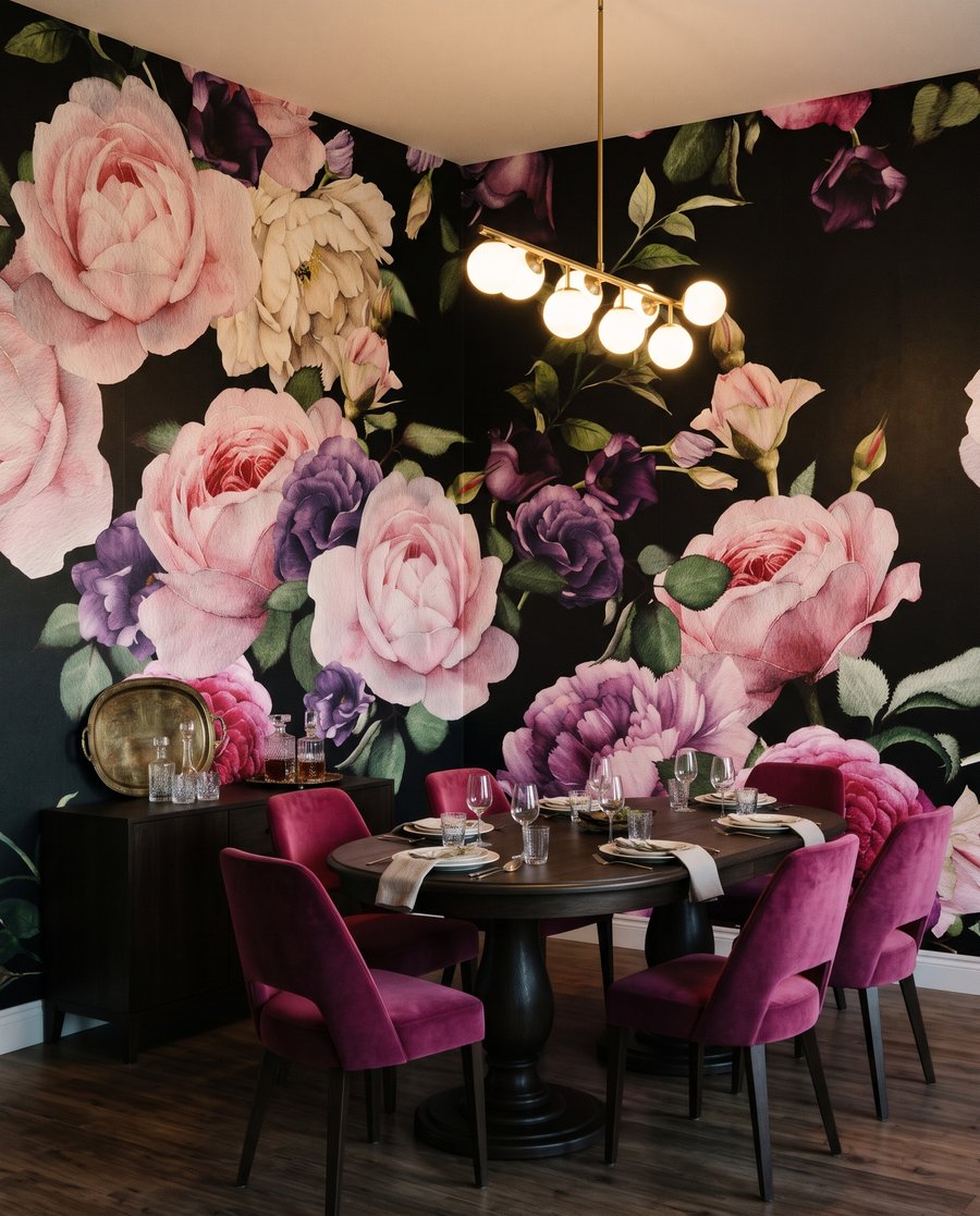 Rosas sobre fundo preto num interior