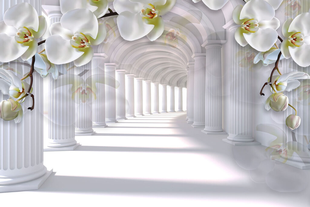 Orquídeas sobre colunata branca — design completo