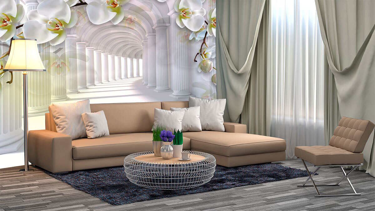 Orquídeas sobre colunata branca — interior 1