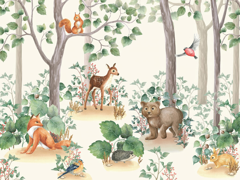 Animais entre troncos — design completo
